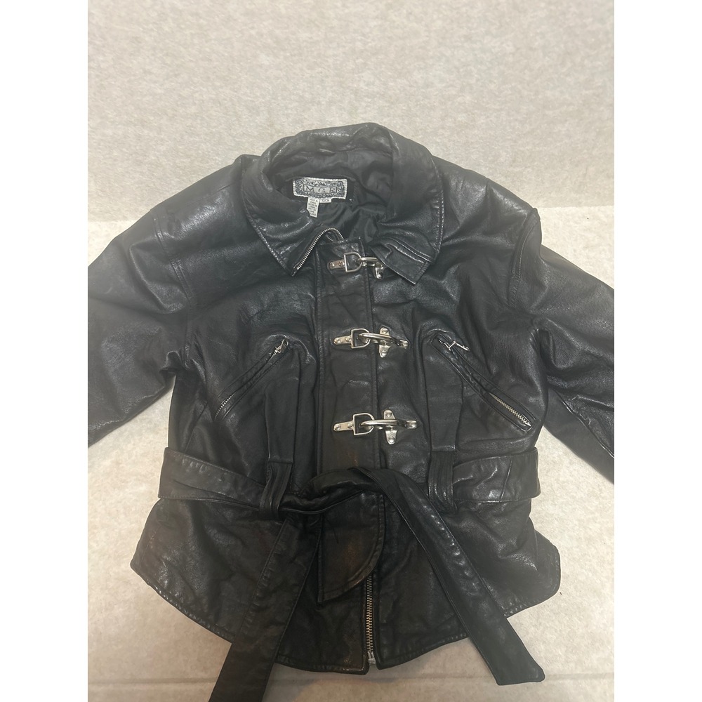 Vintage MGR Black Leather Jacket Lobster Claw Clasp Belted Biker Goth Womens S